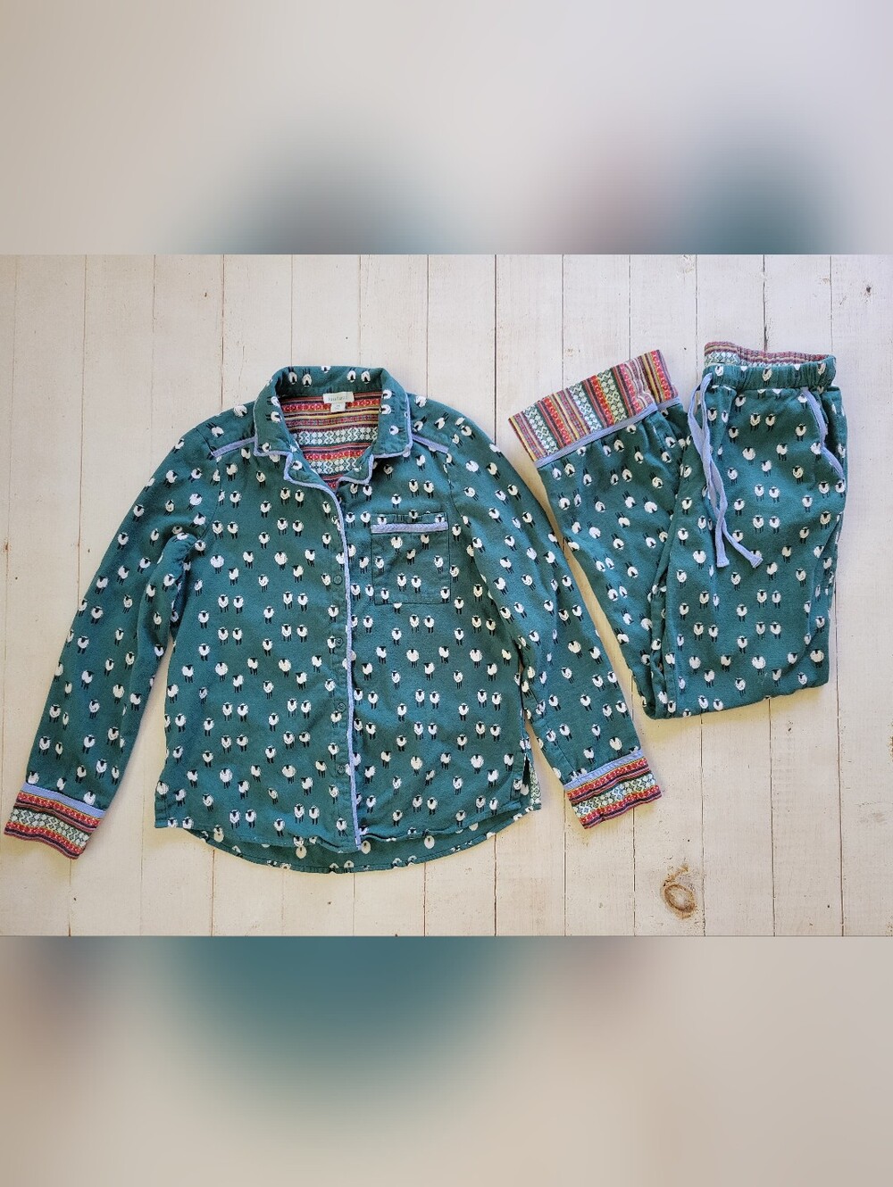 Sundance Women’s XS Sheep Geometric Print Flannel Pajama Set Teal Blue 100% Cott